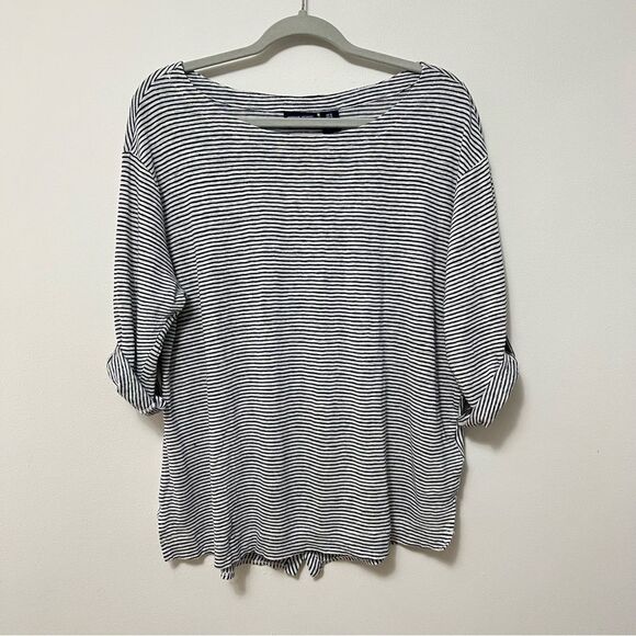 SALE!! Adrienne Vittadini Linen Top Size 1X Blue White Striped Nautical Coastal - Picture 1 of 8
